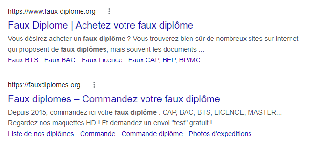 Résultat de la recherche “faux diplôme” sur google