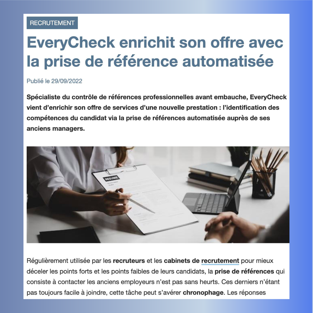 EveryCheck dans un article de Focus RH